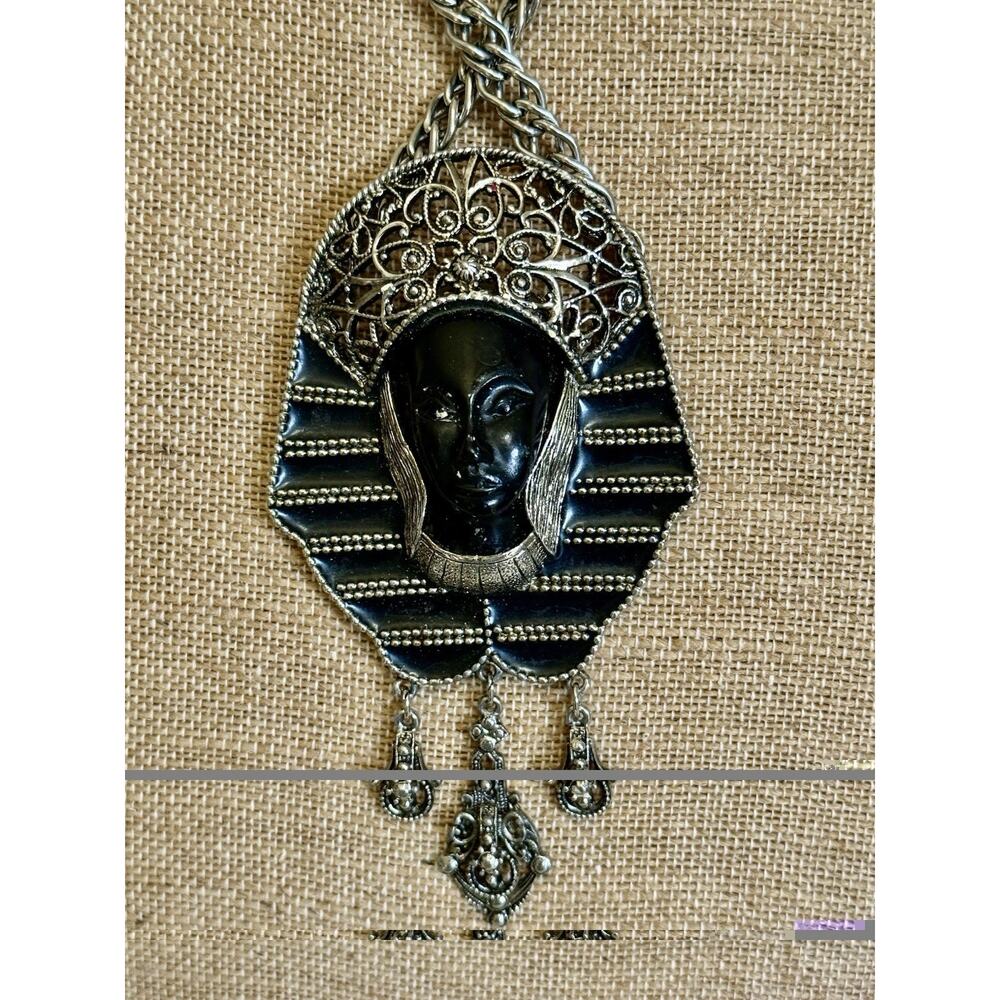 Vintage 1950s B Egyptian Revival Poured Resin Pharaoh Necklace Silver Tone Huge